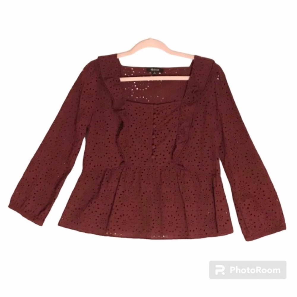 Madewell Burgundy Eyelet Embroidered Square Neckline Balloon Sleeves Blouse Med